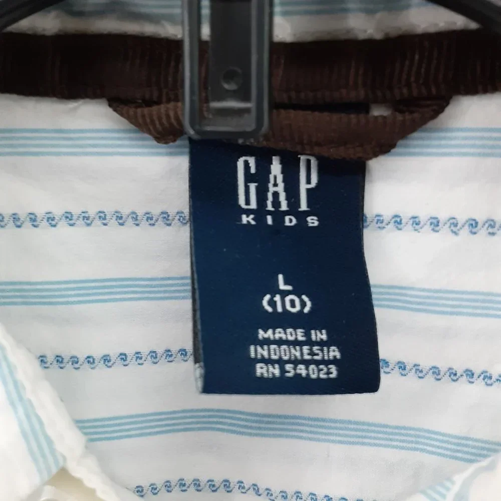 Gap Kids Boys Short Sleeve Button Up Shirt | Stiped | White/Blue | Size Large 10